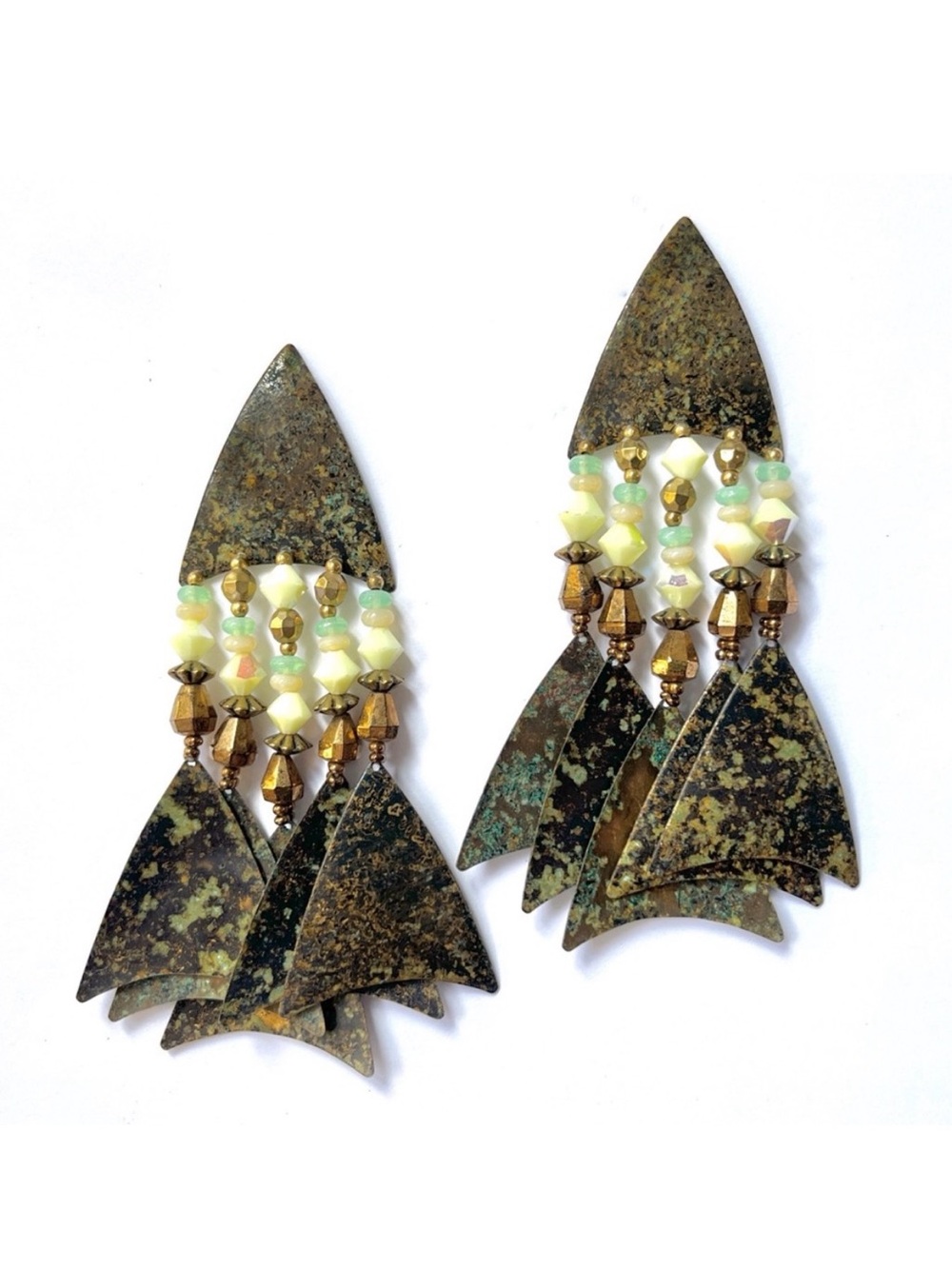 Vintage Uranium Bead Mixed Patina Metal Artisan Fringe Dangle Arrowhead Earrings